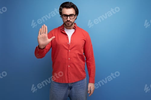 Preview: stylish european 35 year old man in casual shirt asks to stop