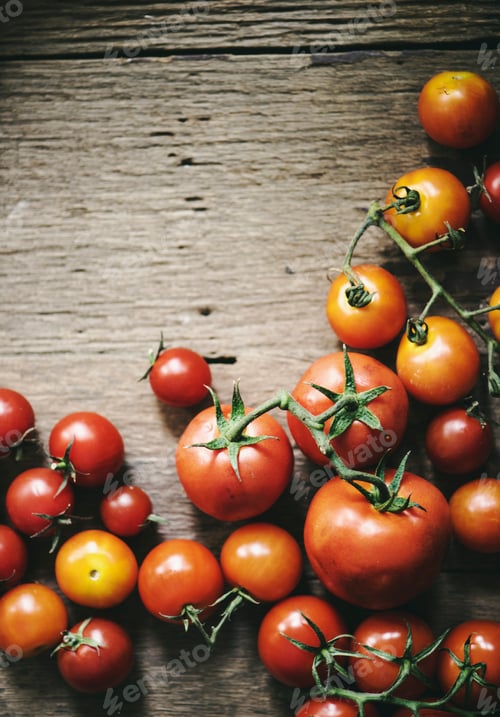 Preview: Closeup of fresh organic tomatoes on wooden background