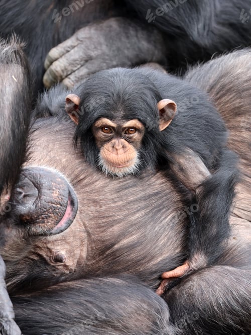 Preview: Baby chimpanzee (Pan troglodytes) and parent in natural habitat