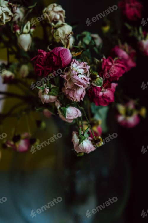 Preview: Beautiful colorful bright bouquet of dried roses. Dark background, close-up. Selective focus.