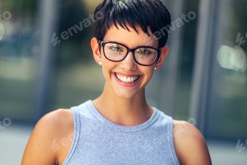 Preview: Portrait of happy successful young business woman outdoors