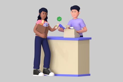 Visualização: Cena de compras de desenhos animados com personagens