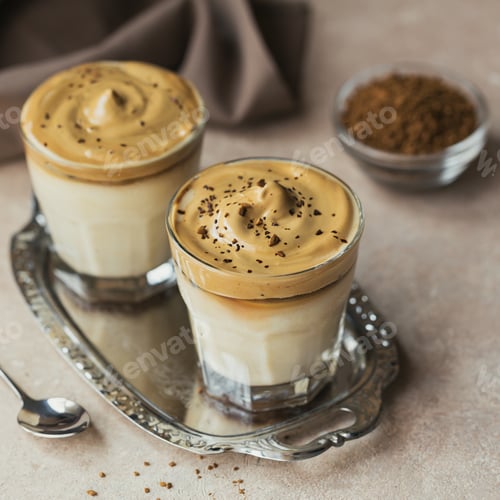 Preview: Glass of Iced Dalgona Coffee, trendy fluffy creamy whipped coffee and milk