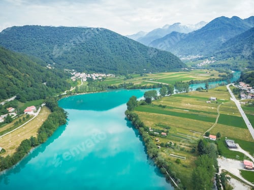 Preview: Breathtaking vista from drone at Most na Soci, Slovenia