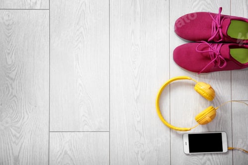 Preview: Flat lay composition with sneakers, headphones and mobile phone on wooden background. Space for text