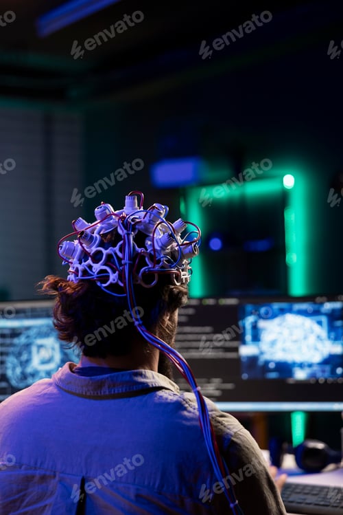 Preview: Engineer with EEG headset on programming brain transfer into virtual world