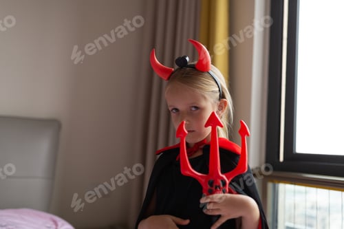 Preview: Happy kid in evil costume celebrating Halloween 2020 during coronavirus covid-19 pandemic