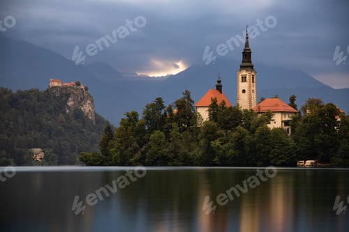 Preview: Amazing View On Bled Lake, Island,Church And Castle With Mountain Range