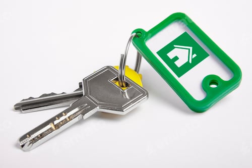 Preview: Key ring with keys over white background. Rent, buy