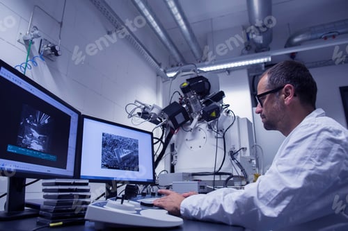 Preview: Lab assistant working with SEM image on computer