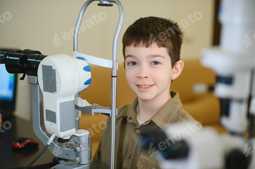 Preview: Boy undergoing eyesight examination with ophthalmological equipment in clinic