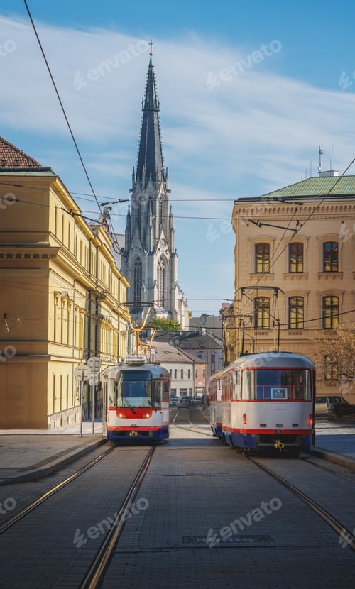 Preview: Trams at Denisova Street and Saint Wenceslas Cathedral - Olomouc, Czech Republic