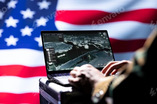 Preview: Soldier isolated over USA flag using satellite to identify terrorists