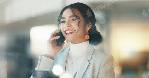 Preview: Woman, tablet and phone call in night, office and networking for business deal, lead and smile for