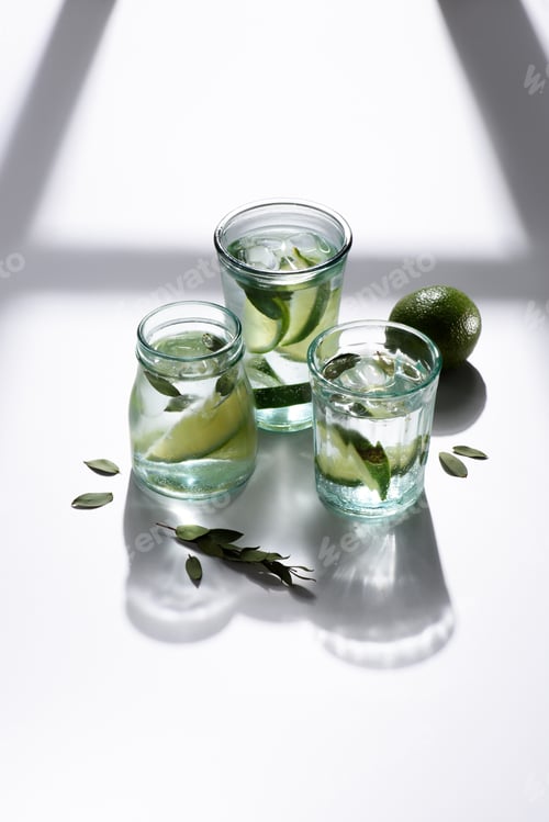 Vista previa: close up view of glasses with water, lime pieces and ice cubes on white tabletop