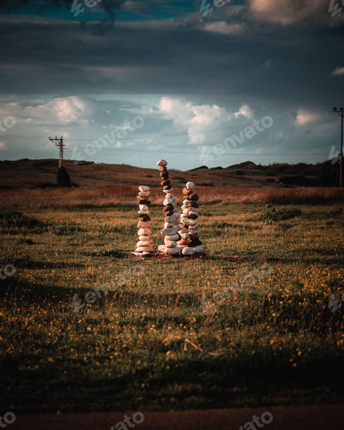 Preview: Group of vibrant rock stacks located in a grassy meadow dotted with vibrant yellow flowers