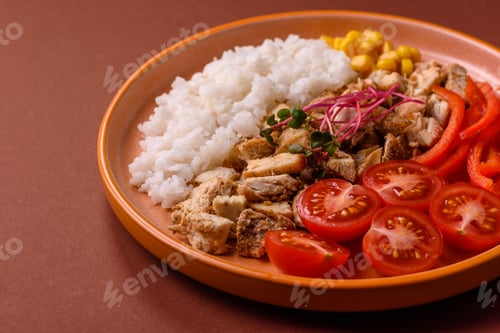 Preview: Bowl with chicken pieces, rice, tomatoes, peppers and microgreens. Bowl with chicken