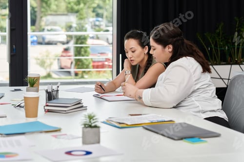 Preview: Elegant businesswomen collaborating in a modern office during a productive morning meeting