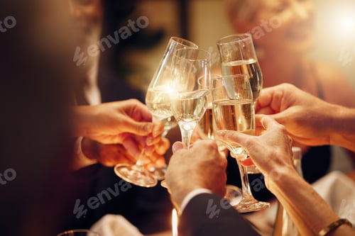 Preview: Success, hands or toast in a party for goals, winning deal or new year at luxury social event celeb
