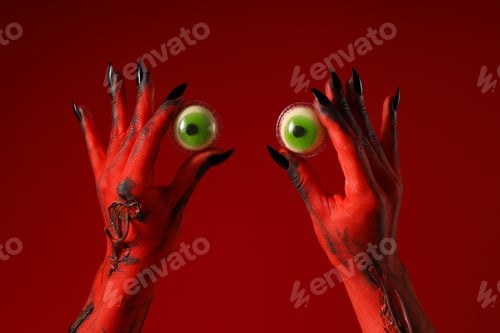 Preview: Eyes in red female hands on red background