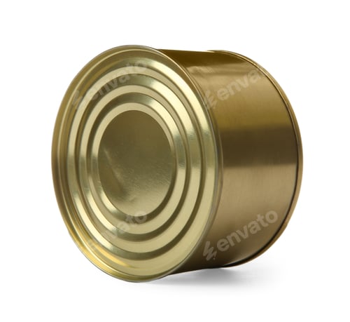 Preview: Closed tin can isolated on white, mockup for design