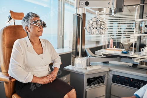 Preview: Trial frame, optometry and eye exam of woman in clinic or hospital for ophthalmology. Healthcare, v