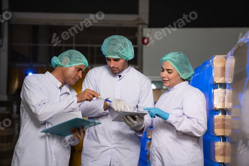 Preview: Team of worker quality control a fruit drink factory in glass