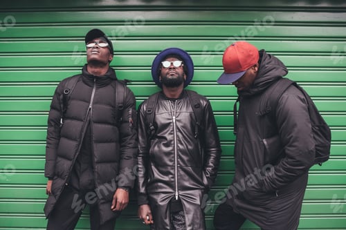 Preview: portrait of three young african men lean against rolling shutter