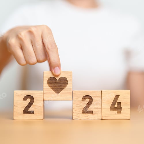 Preview: Happy New Year 2024 with heart block for health care, organ donation, charity,and insurance concepts