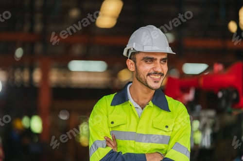 Preview: professional technician engineer with safety helmet working in industrial manufacturing factory