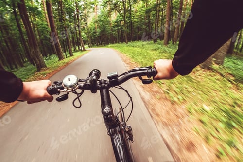 Preview: Mountain biking down hill descending fast. View from bikers eyes. Motion blurred