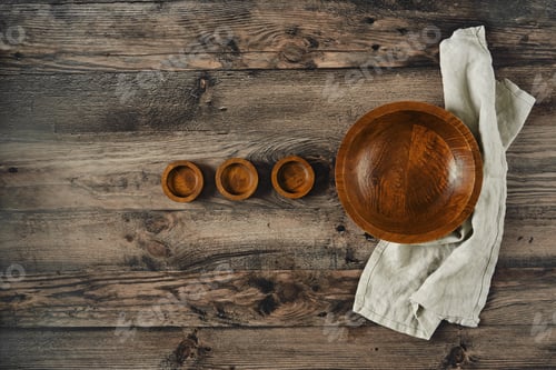 Preview: Wooden bowls arranged on a rustic wooden table with a linen cloth nearby in soft natural light