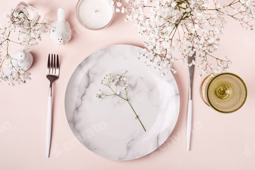 Preview: Romantic table setting in pink colors. White flowers decor