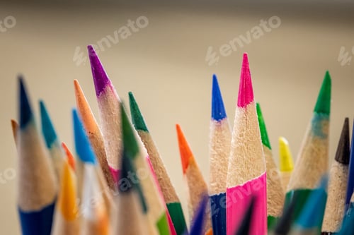 Preview: Selective focus shot of sharp colored pencils