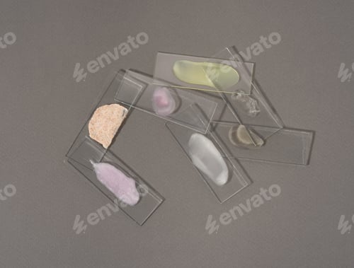 Preview: Laboratory glass with samples of cosmetic products lie on top of each other