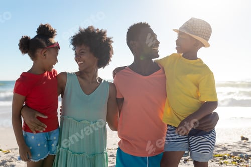 Preview: Cheerful african american family with arms around at beach enjoying summer holiday together