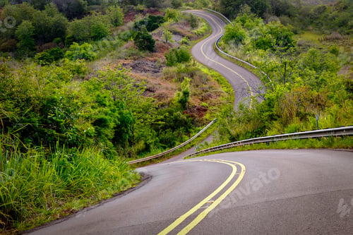 Preview: Scenic view of narrow curvy road and rural landscape, Kauai, Hawaii