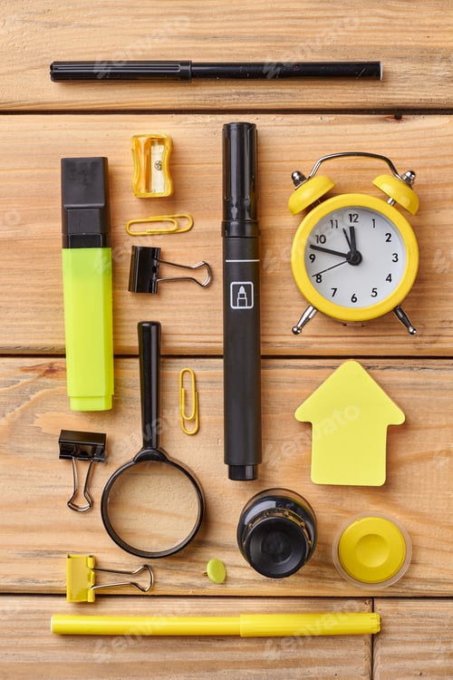 Preview: Set of school supplies, top view.