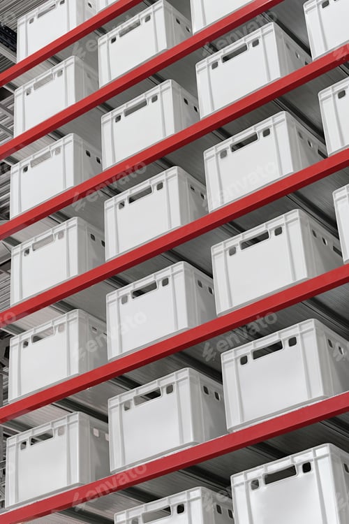 Preview: Generic white unlabeled boxes and crates on shelves of a warehouse rack