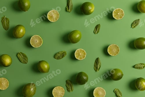 Preview: Sour green bright limes loaded with nutrients and fresh mint on green background. Citrus fruit can b