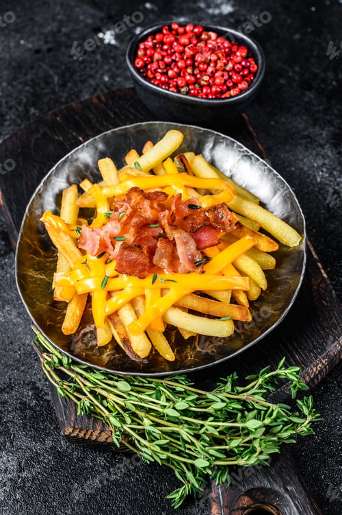 Preview: Delicious golden French fries with melted cheddar cheese and bacon. Black background. Top view
