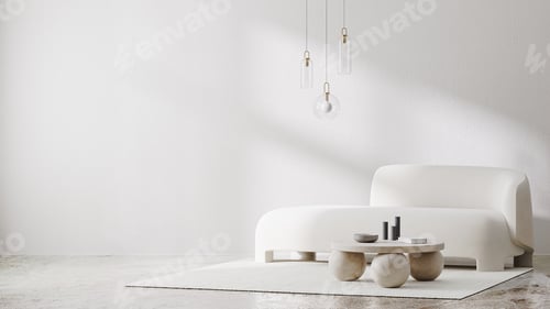 Preview: White room interior mock up with sunlight shadows and white sofa with stone coffee table