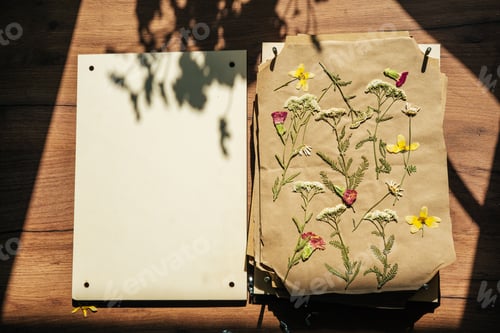 Preview: Dry pressed plants and flowers on a wooden table
