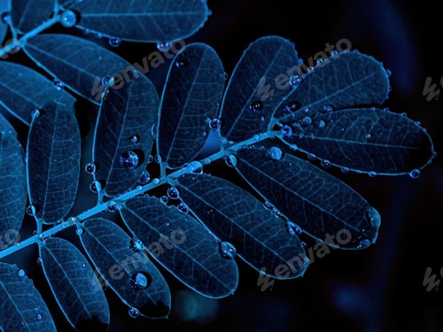 Preview: Natural background of dark blue leaves with water drops. Dark background