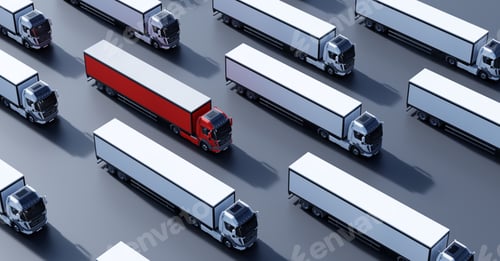 Preview: Fleet of new heavy trucks with one selected. Transportation