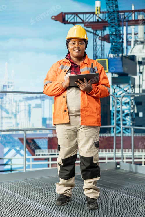 Preview: Portrait of smiling offshore platform specialist tracking oil production