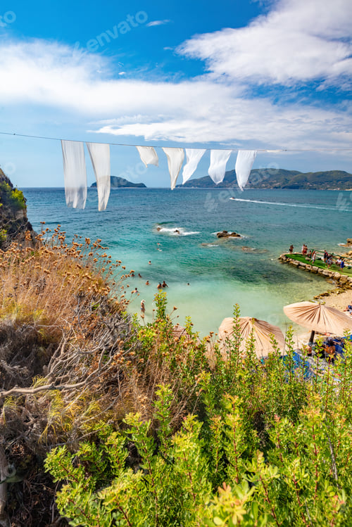Preview: Zakynthos, Greece, Cameo island with white cloth hanging above the beach
