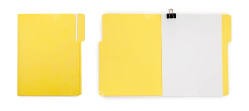 Preview: File folders with sheets of paper isolated on white, collage. Top view