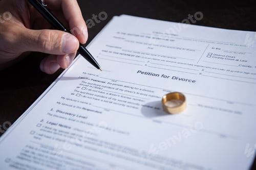 Preview: cropped view of man with ring signing divorce documents