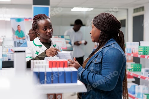 Preview: African american pharmacist consulting customer in drugstore